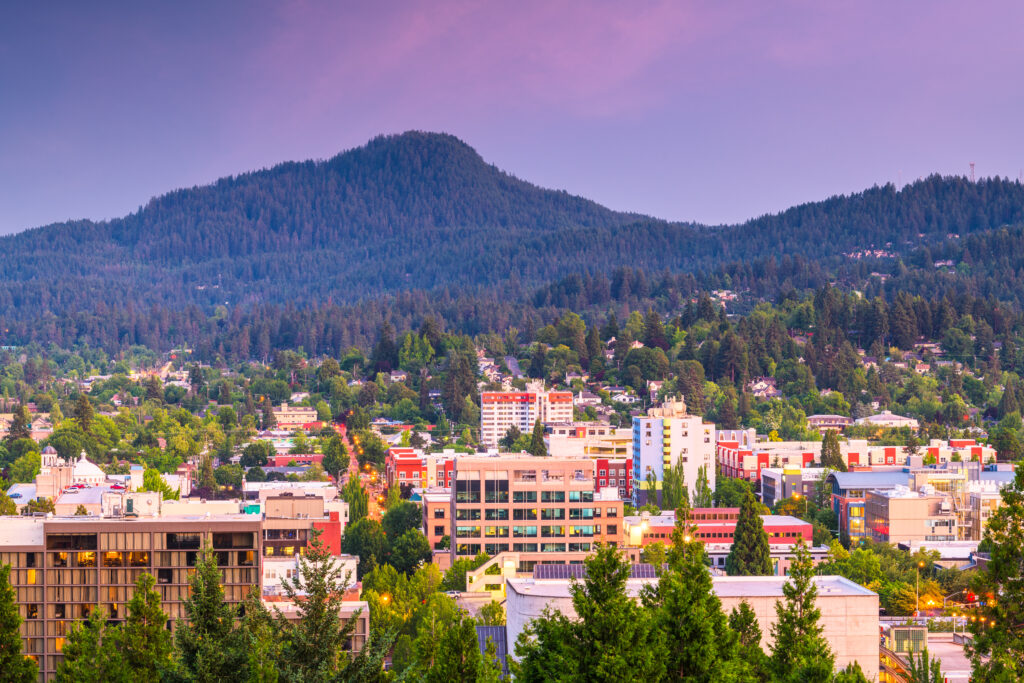 Eugene, Oregon, USA downtown cityscape at dusk.